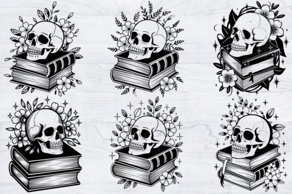 Book Pile with Skull Svg Bundle, Floral