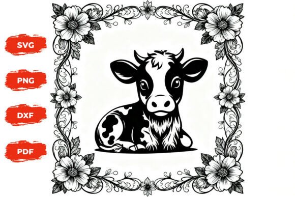 Cute Cow Floral Frame SVG Cut File