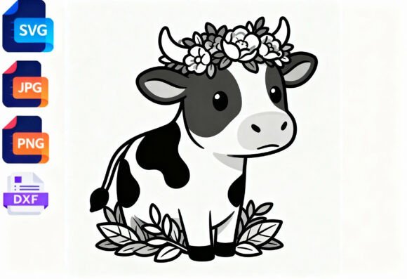 Cute Cow Floral Wreath SVG PNG DXF Files