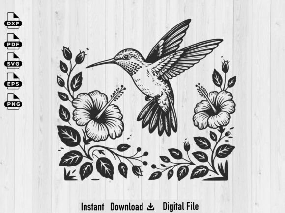 Hummingbird with Flowers Svg Silhouette